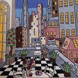 Colorful Cityscape Needlepoint Art. 1980.